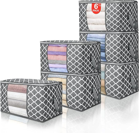 90 L Large Storage Bag Clothes Storage Organizer with Durable Handles for Closet Storage, Comforter, Blanket, Clothing, Bedding and Toys 6 Pack