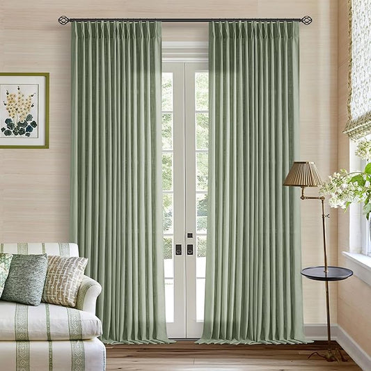 Sage Green Linen Curtains 102 Inches Long 2 Panels for Living Room Modern Thick Linen Flax Pinch Pleated Memory Trained Light Filtering Ceiling Semi Sheer 102 Inch Curtain with Hook Rings Back Tab