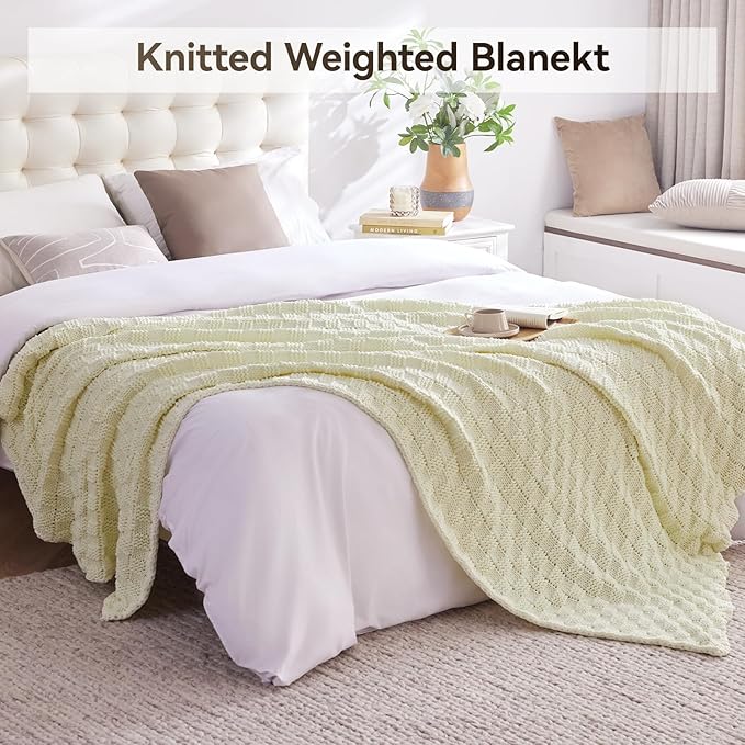 Knitted Weighted Blanket for Adult, No Beads Heavy Blanket 70” x 90'' 20lbs, Breathable Chunky Knit Blanket, Cooling Weighted Blanket for Hot Sleepers, Christmas Home Decor (Cream White)