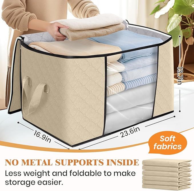 Fab totes 24 Gallons Clothes Storage, Foldable Thick Fabric Blanket Storage Bags, Containers for Organizing Bedroom, Closet, Clothing, Comforter, Organization with Handle (6 Pack,Beige)
