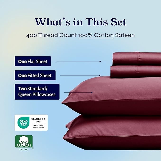 California Design Den Natural 100% Cotton Sheets, Soft Queen Sheet Set, 400 Thread Count Sateen, Deep Pockets with All-Around Elastic for a Snug Fit, Durable Bedding Set - Burgundy Red CaliforniaDesignDen