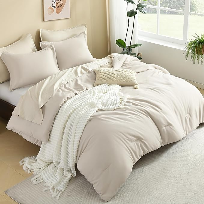 Litanika Comforter Set, Lightweight Solid Bedding Comforter Set, Fluffy Down Alternative Bed Set, Oatmeal, King