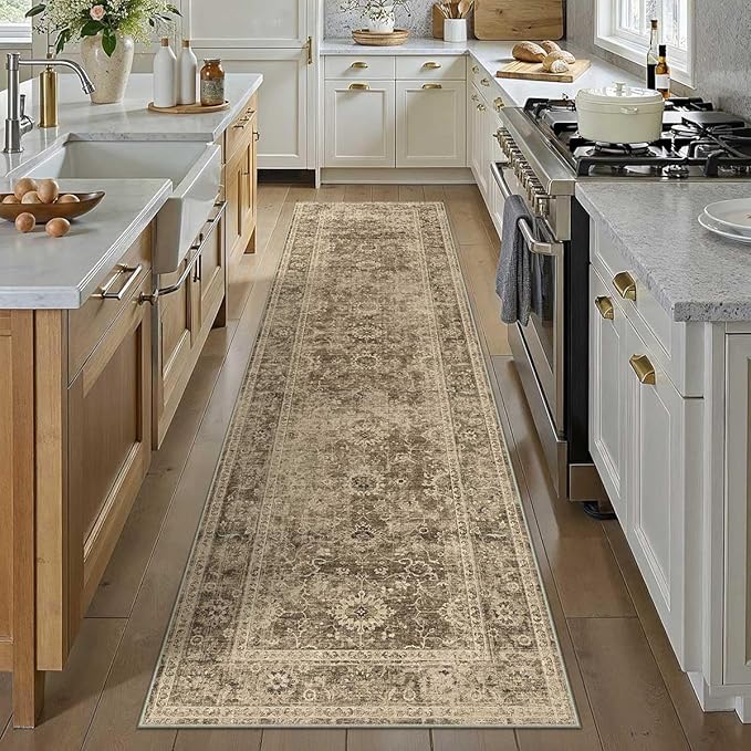 3x8 Washable Runner Rug for Kitchen Hallway Brown Vintage Non-Slip Low Pile Distressed Rustic Carpet Lightweight Vacuumable Soft Long Throw Rug for Indoor Entryway Bedroom