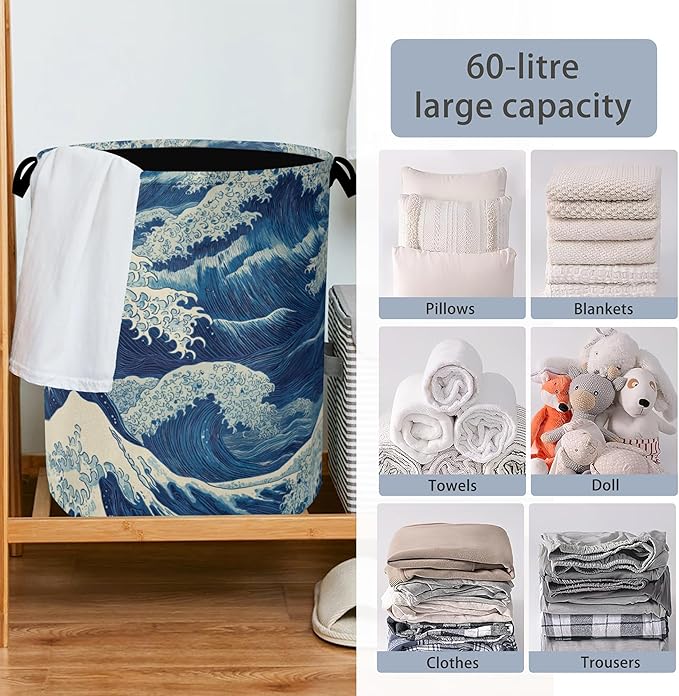 Ocean Wave Laundry Basket,Japanese Foldable Oxford Cloth Tote Bag Laundry Hamper Clothes Storage Bucket Organizer for Bedroom Laundry Storage Dormitories 16" x 20.8"