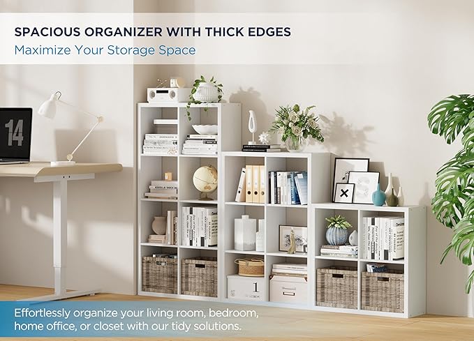 12-Cube Storage Organizer, Wooden Cube Shelf Bookcase with Reinforced Thick Shelves, Heavy-Duty 36.93" L x 9.37" W x 48.82" H, for Living Room Bedroom Home Office, White
