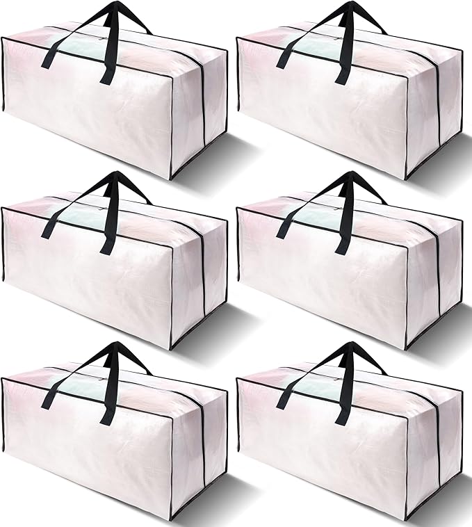 6 Pack Heavy Duty Large Moving Bags W/Backpack Straps - Strong Handles & Zippers, Storage Totes For Space Saving, Fold Flat, Alternative to Moving Box and Storage Bin, Semi-Transparent