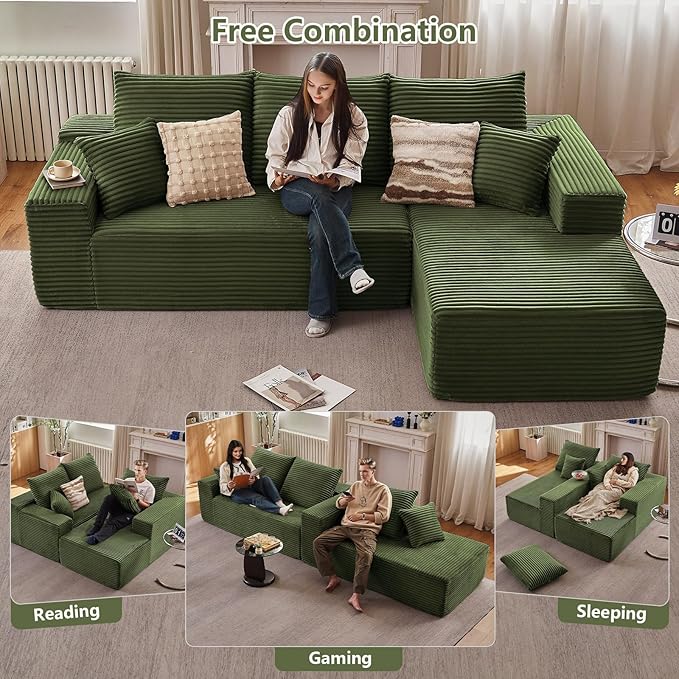 107" Cloud Sectional Couch with L-Shape Chaise, Modern Modular Comfy Sofa Chaise Longue, Upholstered Corduroy Couches Sleeper with Deep Seat for Living Room Bedroom, No Assembly Required, Green