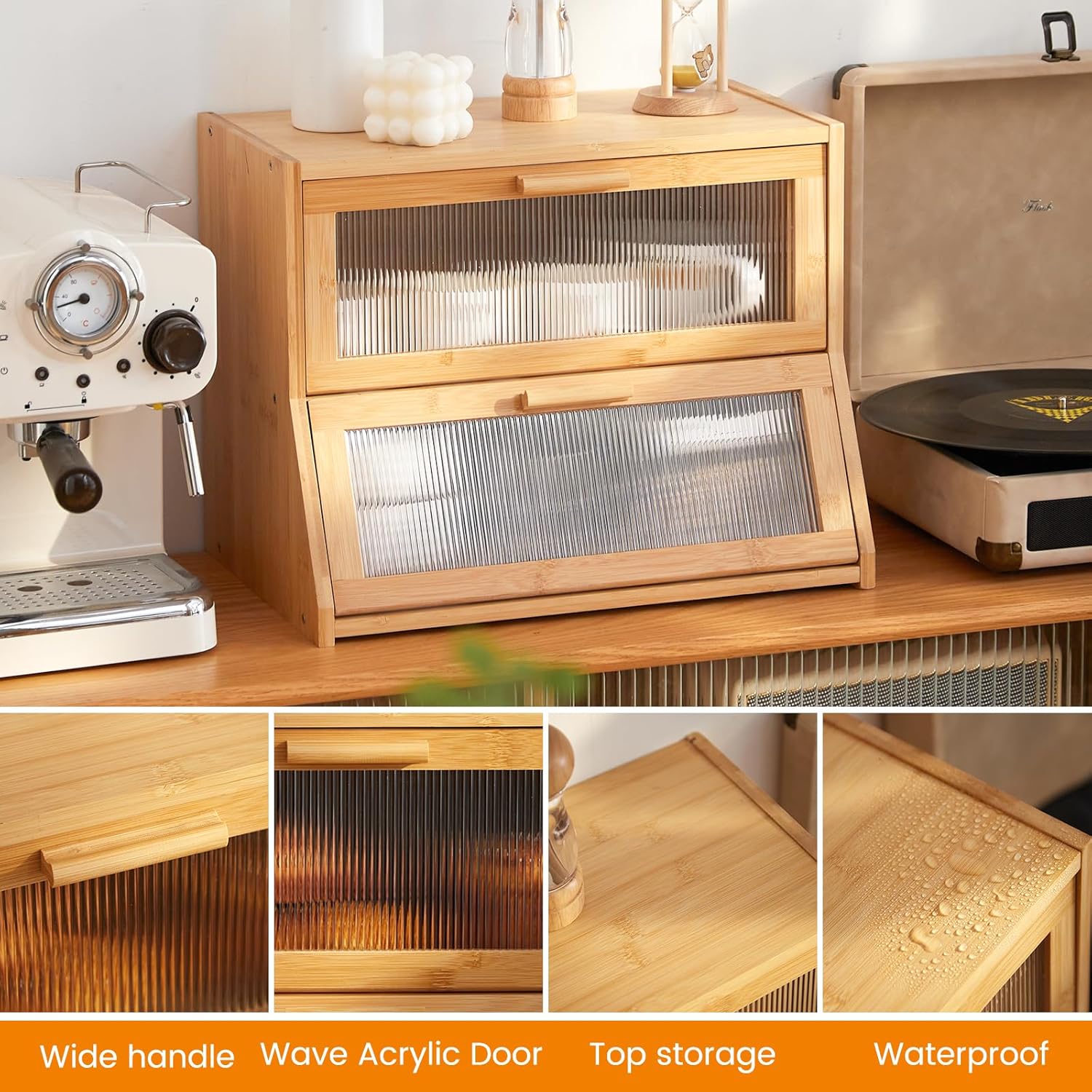 GHWIE Double Layer Bamboo Bread Box for Kitchen Counter,Large Capacity Bread Storage Bin,Bread Container with Acrylic Wavy Door Panel (Natural, Medium)