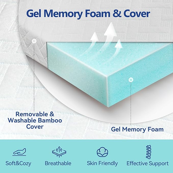 3 Inch Gel Memory Foam Mattress Topper Queen Size for Back Pain, Cooling Mattress Pad Bed Topper with Removable and Washable Bamboo Cover, CertiPUR-US & Oeko-Tex Certified – White