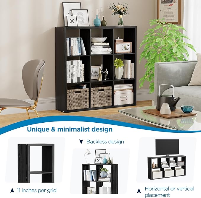 9-Cube Storage Organizer, Wooden Cube Shelf Bookcase with Reinforced Thick Shelves, Heavy-Duty 36.93" L x 9.37" W x 36.93" H, for Living Room Bedroom Home Office, Black
