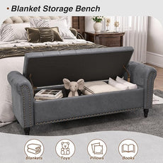 65 Inch Bedroom Bench, End of Bed Bench with Storage, Bed Benches for Foot of Bed, Faux Leather Window Bench with Tufted Button and Nailhead Trim, Upholstered Storage Bench with Rolled Arms, Gray