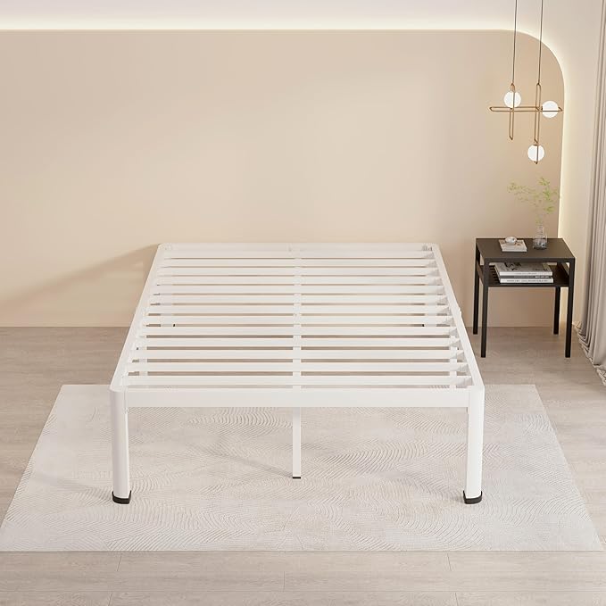 MAF 16 Inch Full Size Bed Frame White with Round Corner Legs Mattress Slide Stopper No Box Spring Needed Heavy Duty Metal Platform Bed Frames Under-Bed Storage Space, 3000 LBS Steel Slats Support