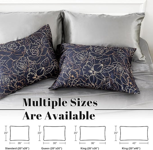 EXQ Home Satin Pillowcase for Hair and Skin Queen - Printed Blue Rose Silk Pillowcase 2 Pack 20x30 inches - Satin Pillow Cases Set of 2 with Envelope Closure, Gifts for Women Men