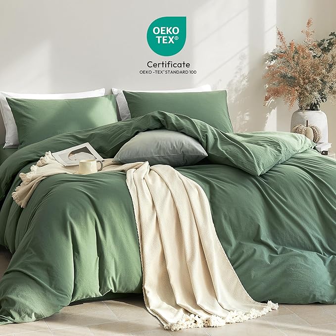 JELLYMONI Duvet Cover Twin Size - Washed Cotton Comforter Cover with Linen-Like Texture,Breathable & Soft Bedding for Modern Home,Guest Room and Everyday Use,Dusty Green 1 Duvet Cover & 1 Pillowcase