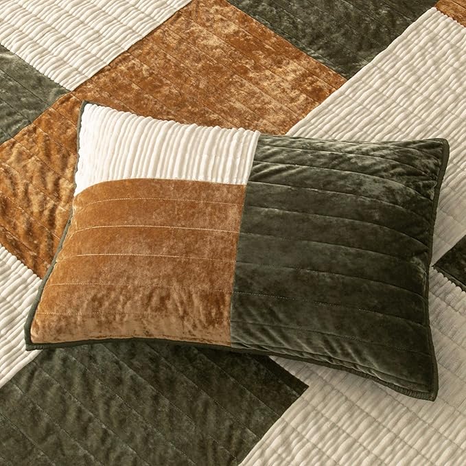 Wonderful Velvet Patchwork Quilt Set - Striped Channel Stitch Green Quilt King, Soft Corduroy Lightweight Comforter, Pet-Friendly, Tear-Resistant, Farmhouse Bedspread Bedding for All Season, 106"x94"