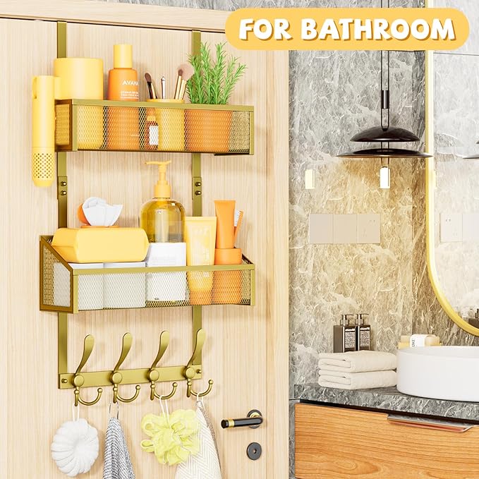Over The Door Hooks Organizer, Coat Rack Over The Door Storage Hanger Towel Rack, Back of Storage Organizer for Bathroom,Bedroom,Kitchen,Office(Gold 3-Tier)
