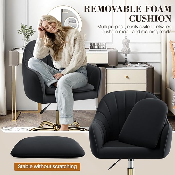 Vanity Chair with Wheels, Comfy Home Office Desk Chairs Adjustable Modern Velvet Makeup Vanity Chairs for Bedroom Living Room-Black