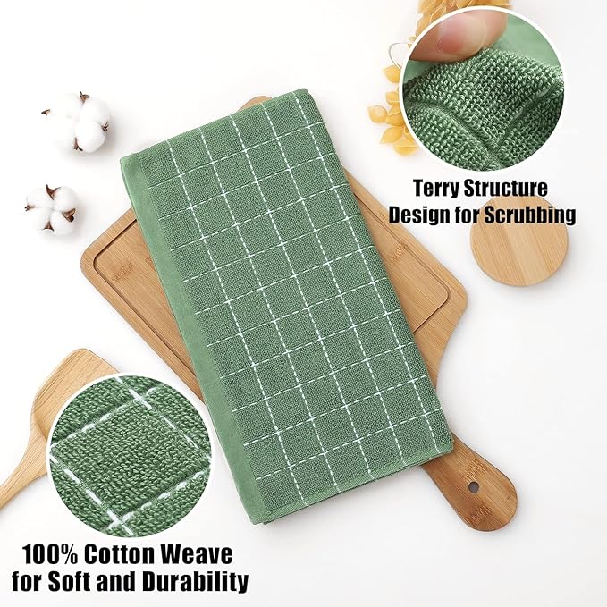 Homaxy 100% Cotton Terry Kitchen Towels(Grass Green, 13 x 28 inches), Checkered Designed, Soft and Super Absorbent Dish Towels, 18 Pack