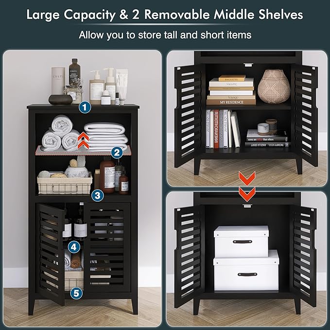 HITNET Black Bathroom Storage Cabinet, Freestanding Bamboo Floor Cabinet 5 Tier Tall Kitchen Cupboard with Door and Removable Shelves