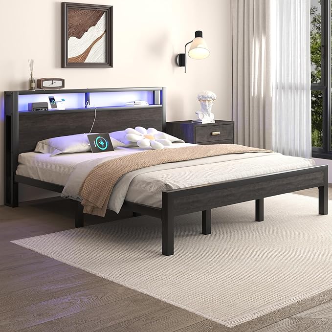 King Size Platform Bed with 2-Tier Storage Headboard, Metal Bed Frame with Charging Station & LED Light, Heavy Duty Metal Slats, No Box Spring Need, Noise Free, Grey