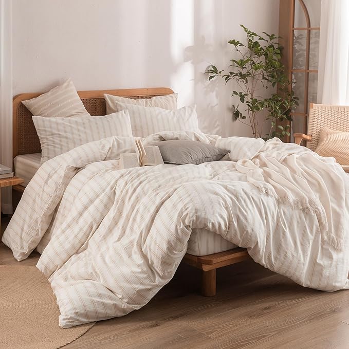 BESTOUCH Duvet Cover Set 100% Washed Cotton Linen Feel Super Soft Comfortable Chic Lightweight 3 PCs Home Bedding Set White & Almond Grey Stripes Queen