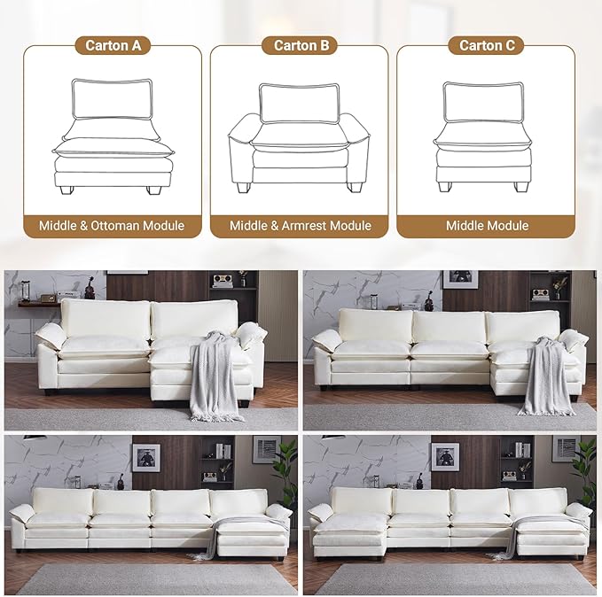 VINGLI 122" Cloud Double-Layer Deep Convertible Sectional Sofa, Comfy L-Shape 3-Seat Couches for Living Room, Modern Couch with Movable Ottoman for Small Space, White/Cream Chenille
