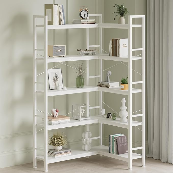 5-Shelf Corner Bookshelf, Large Open Shelf Bookcase,White Metal Frame, L-Shaped Storage Rack with Cross Braces for Living Room Home Office