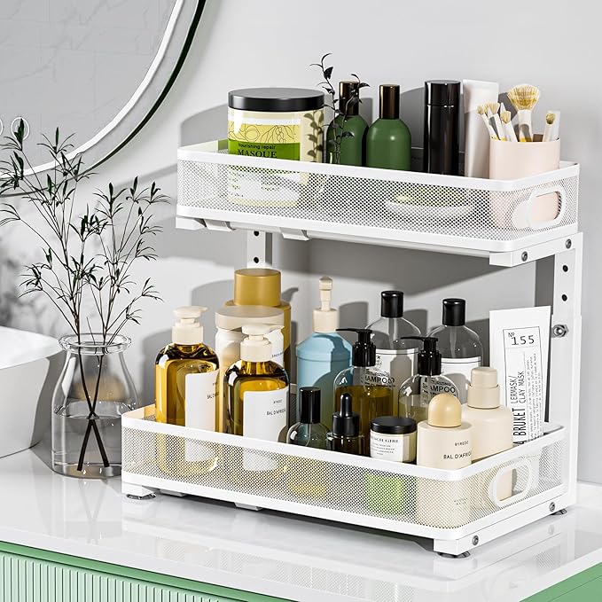 Under Sink Organizer, High Adjustable 2 Tier Under Sink Organizers and Storage, Slide Out Metal Cabinet Organizers, Pull Out Sink Storage Drawer Shelf for Kitchen Bathroom Cabinet, White, 1 Pack
