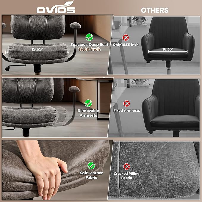 ovios Ergonomic Office Chair, Mid Back Faux Leather Executive Chairs with Thick Cushion, Comfy Mid-Century Modern Swivel Rolling Computer Armchair (Dark Grey, Suede Leather)