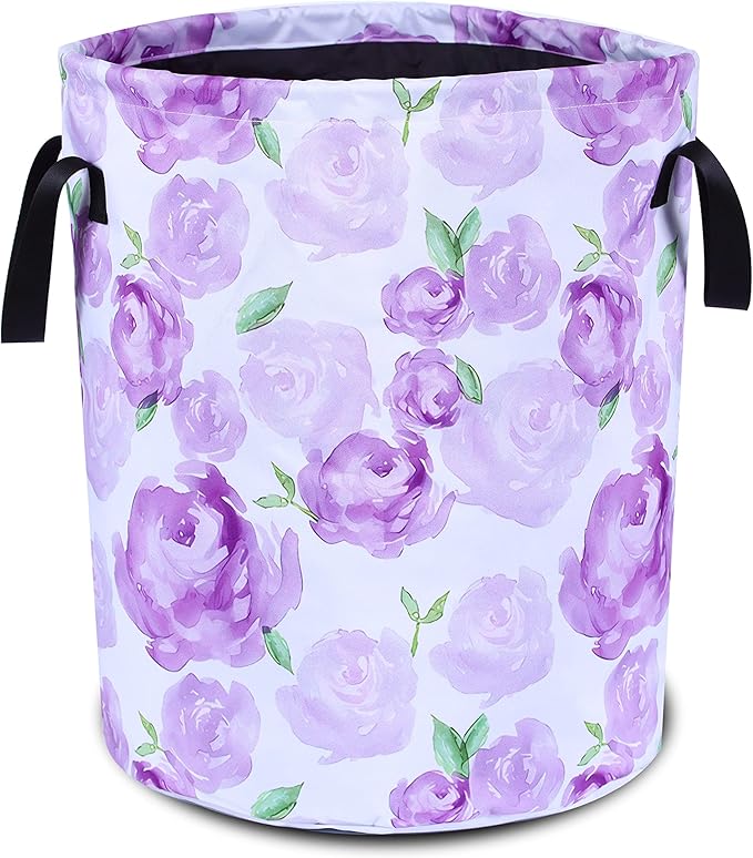 Purple Watercolor Floral Laundry Basket Foldable Oxford Cloth Funny Tote Bag Laundry Hamper Clothes Storage Bucket Organizer For Bathroom/Laundry Storage/Bedroom 17.7x13.7 Inch