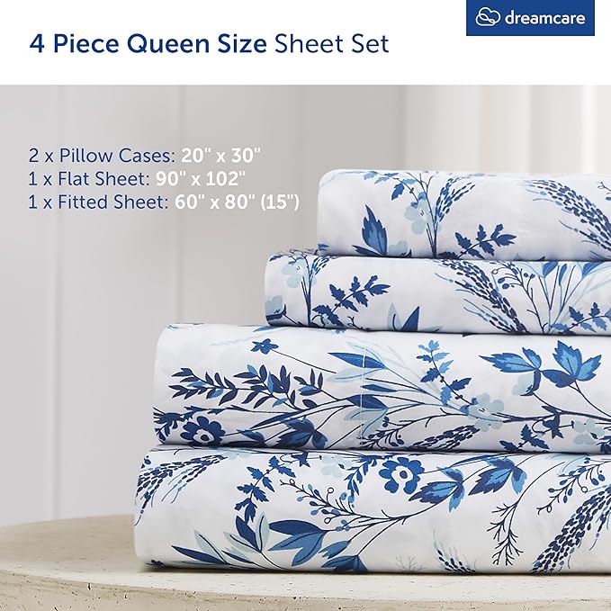 DREAMCARE Queen Size Sheets - Floral Sheets Queen Size Bed Set - 4pcs Queen Sheet Set - Cooling Bed Sheets - Queen Size Sheet Sets - Soft & Long Lasting 100% Brushed Floral Bed Set - Floral Blue DREAMCARE
