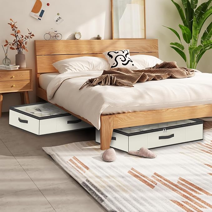 homyfort 32 Pairs Shoe Organizer Under Bed, Sturdy Underbed Shoe Storage Boxes Bins, Organizador De Zapatos, Extra Large Zapateras Organizer, Beige, Set of 2