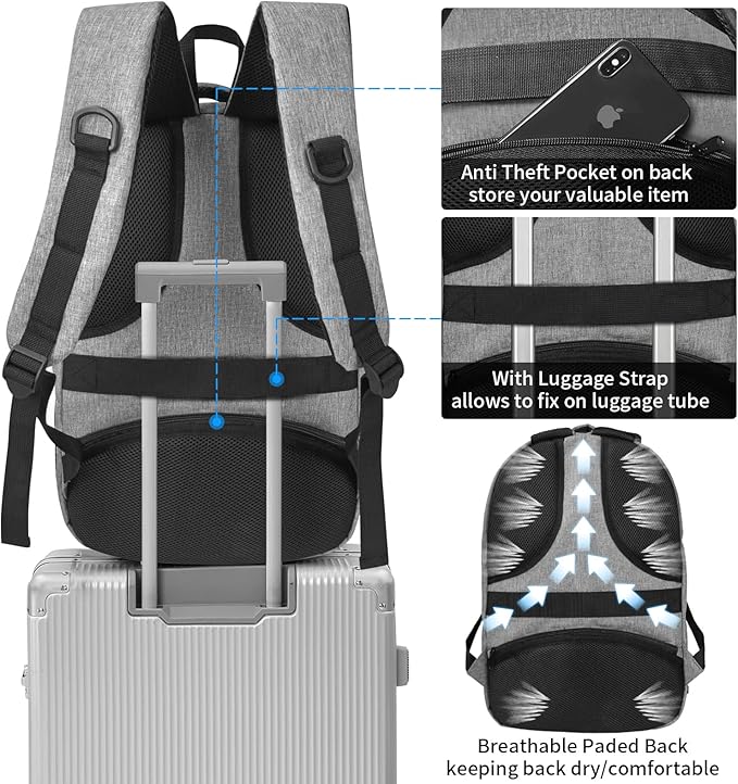 17 Inch Large Business Computer Backpack for Men Work, Mens Tech Laptop Bookbag for Commuter Office Adult Lightgrey