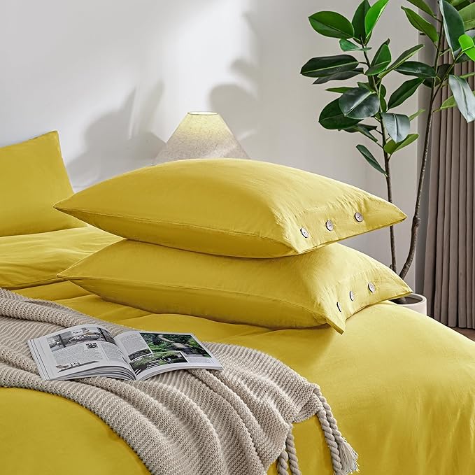 JELLYMONI Pillowcases King Set of 2 Cotton Button Pillow Covers 20×36in Yellow Bed Pillow Cases 100% Washed Cotton Soft Breathable (Pillows are not Included)