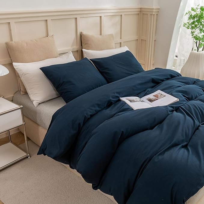 ECOCOTT Navy Blue Duvet Cover Oversized King Size - 100% Washed Cotton Durable Soft Comfy Bedding Set, 3 Pieces Duvet Cover with Zipper Closure (Navy Blue, 120"x 98")