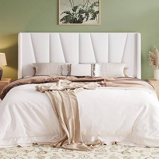Allewie King Size Platform Velvet Bed Frame with Geometric Wingback Headboard, Boho Upholstered Bed with Wooden Slats Support, No Box Spring Needed, Easy Assembly, White