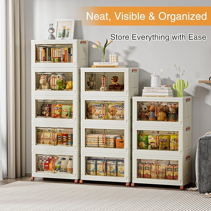 VECELO 300 QT Stackable Storage Bins with Wheels, Magnetic Dual Opening Doors & Transparent Panels, Plastic Foldable Storage Containers for Living Room, Bedroom, Kitchen, Office