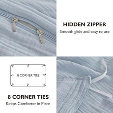 EMME Muslin Cotton Duvet Cover Set Blue Twin Size Linen Like Soft Breathable Lightweight Summer Comforter Cover Set with Zipper Closure (Blue, Twin, 68