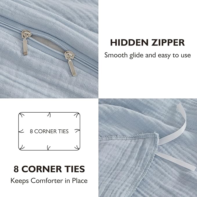 EMME Muslin Cotton Duvet Cover Set Blue Twin Size Linen Like Soft Breathable Lightweight Summer Comforter Cover Set with Zipper Closure (Blue, Twin, 68"x90")