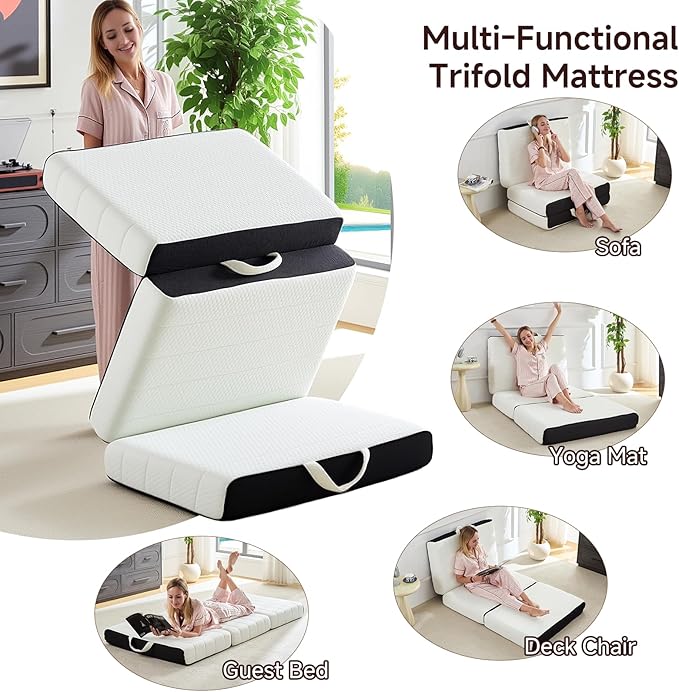 Foldable Mattress, Twin Tri-Fold Memory Foam Mattress Topper with Washable Cover, Handle & Non-Slip Bottom, 6 Inch Portable Folding Bed for Guest, Yoga, Living Room, Camping - 75"x38"x6"