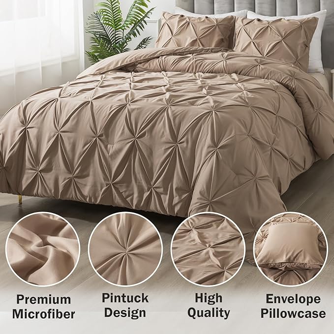Andency Taupe Queen Comforter Set, 3 Pieces All Season Warm Soft Bedding Comforters & Sets for Queen Bed, Lightweight Pinch Pleat Bed Set for Adults Teens (90x90Inch)