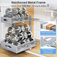 Under Sink Organizer, 2 Pack 2 Tier Pull Out Under Cabinet Organizer Shelf with Pad for Framed Cabinets, Metal Slide Out Under Sink Storage, Mesh Sliding Drawers for Kitchen Bathroom Laundry, Grey