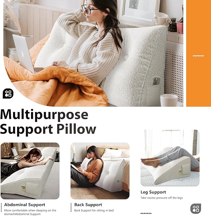 10 lbs Thickened Wedge Pillow Headboard Body Positioner Bed Wedge Pillow Backrest Support Triangular Headboard Pillow for Sleeping with Side Pocket Velvet Positioning Support Velvet White Full