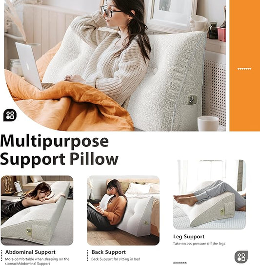 14 lbs Thickened Wedge Pillow Headboard Body Positioner Bed Wedge Pillow Backrest Support Triangular Headboard Pillow for Sleeping with Side Pocket Velvet Positioning Support Velvet White King
