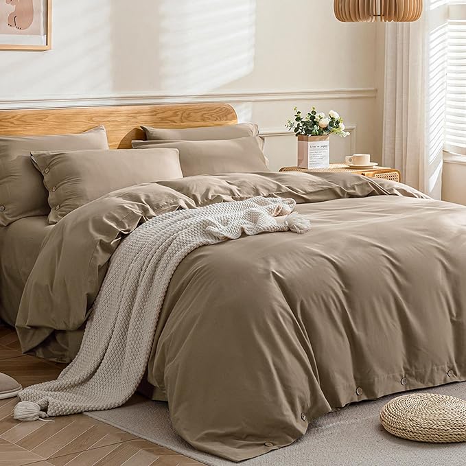 JELLYMONI Cotton Duvet Cover Full Size - Khaki Comforter Cover with Button 100% Washed Cotton 3PCS Breathable Soft Solid Bedding Set Duvet Cover 80×90in & 2 Pillowcases (NO Comforter)