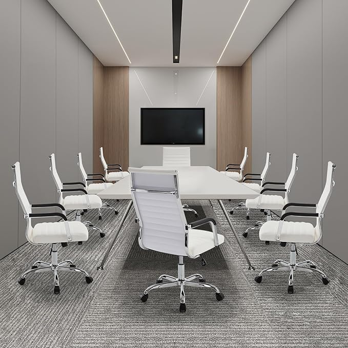 Office Chair, Ergonomic Executive Conference Room Chairs, Ribbed Leather Desk Chair with Lumbar Support, Adjustable Height Mid-Back Swivel Chair (Square Tube Armrests, White)