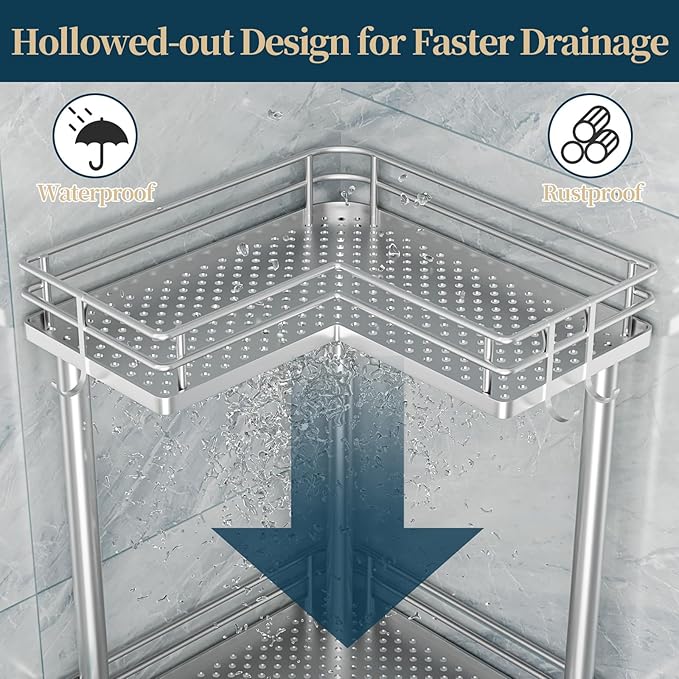 Consumest Corner Shower Caddy Standing - 3-Tier Stainless Steel Shower Organizer with Soap Holder and 4 Hooks, Large Capacity Corner Shelf Stand for Bathroom, Rest Room, Silver