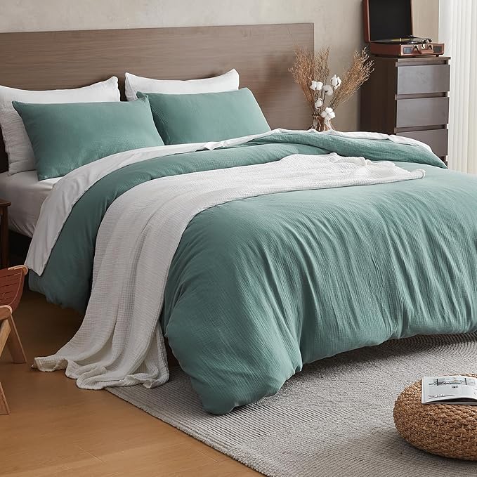 EMME Muslin Cotton Duvet Cover Set Teal King Size Linen Like Soft Breathable Lightweight Summer Comforter Cover Set with Zipper Closure (Teal, King, 104"x90")