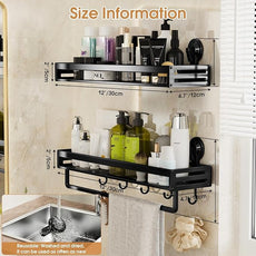 Shower Caddy Suction Cup, 11.8 inch 2 Pack Suction Shower Shelf with Hooks NO-Drilling Bathroom Holder, Rustproof Bathroom Organizer, Black,Includes 2 Extra Suction Cups for Replacement Use