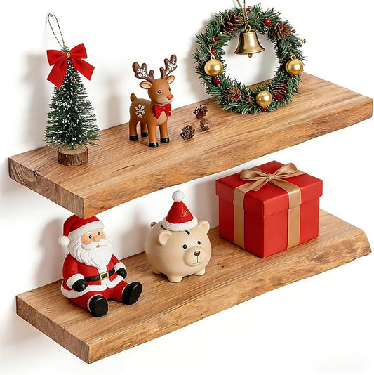 Fun Memories Floating Shelves for Wall, 24"x9.3" Solid Wood Floating Live Edge Shelf, Heavy-Duty Wall Shelf with Invisible Brackets, Set of 2 for Living Room, Bedroom, and Kitchen, Natural Finish